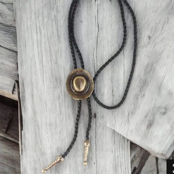 Vintage Western Antique Brass Cowboy Hat Braided Leather Necktie Bolo Tie NEW - Picture 2 of 4